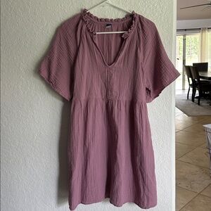 Split-Neck Crinkle Mini Swing Dress